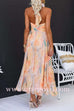 Halter Neck Open Back Waisted Watercolor Print Maxi Dress