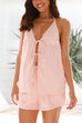 Margovil Halter V Neck Tie Bow Backless Top and Elastic Waist Shorts Set