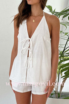 Margovil Halter V Neck Tie Bow Backless Top and Elastic Waist Shorts Set