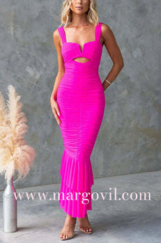 Margovil Sleeveless Cut Out Ruched Ruffle Bodycon Maxi Dress