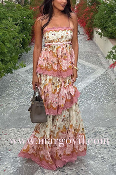 Margovil Spaghetti Strap Back Lace-up Ruffle Layered Floral Print Maxi Dress