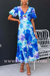 V Neck Twist Front Puff Sleeves Floral Print Midi Dress