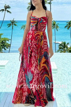 Spaghetti Strap High Waist Printed Maxi Vacation Dress