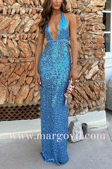 Halter Deep V Neck Open Back Sequin Maxi Party Dress