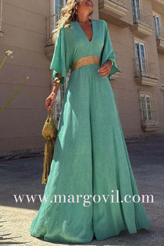V Neck Flare Sleeves Color Block Wide Leg Jumpsuit