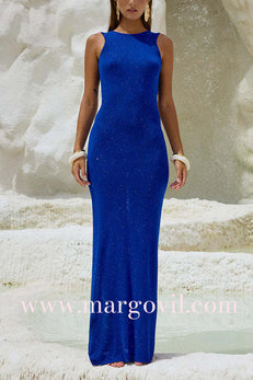 Margovil Sleeveless Open Back Glitter Bodycon Maxi Dress