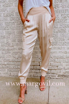 Margovil Fashion Style High Waist Satin Pants with Pockets