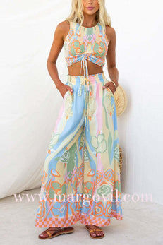 Drawstring Elastic Waist Printed Wide Leg Palazzo Pants