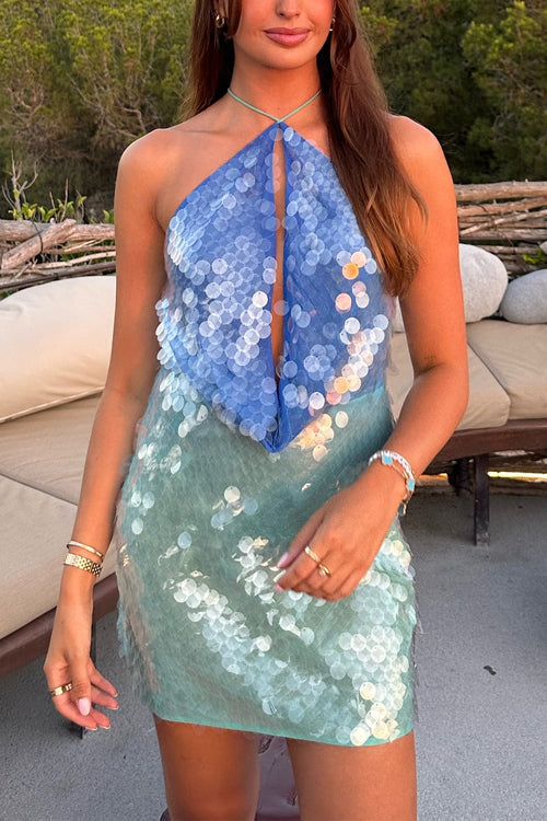 Margovil Halter Sleeveless Cut Out Sequin Mini Party Dress