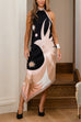 Margovil Halter Neck Open Back Asymmetric Hem Printed Satin Midi Dress
