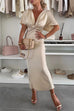 Margovil V Neck Twist Front Waisted Satin Midi Dress