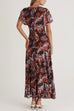 Crewneck Flare Sleeves Ruched Print Maxi Dress