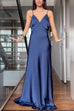 V Neck Spaghetti Strap Backless Satin Maxi Party Dress