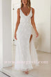 V Neck Double Straps Flower Applique High Slit Maxi Dress