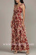 V Neck Sleeveless Floral Print Ruffles Maxi Dress