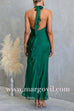 Halter Open Back Gold Buckle Detail Ruffle Slit Maxi Dress