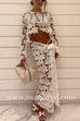Margovil Long Sleeves Crop Top and Tie Waist Wrap Maxi Skirt Lace Set