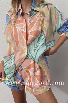 Margovil Unique Print Long Sleeves Button Up Shirt and Pocketed Shorts Linen Set