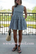 Boat Neck Sleeveless Smocked Bodice Striped Mini Dress