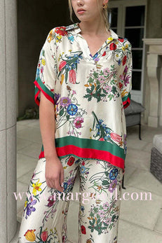 V Neck Short Sleeves Floral Print Satin Shirt