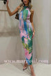 Margovil Sleeveless Side Slit Open Back Colorful Print Maxi Dress