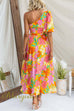 One Shoulder Waisted Floral Print Swing Maxi Holiday Dress
