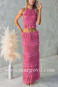 Margovil Halter Backless Crop Top and Ruffle Tiered Maxi Skirt Chiffon Set