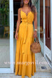 Margovil Buttons V Neck Sleeveless Tie Waist Maxi Swing Dress