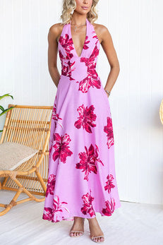 Halter V Neck Back Lace-up Floral Print Swing Maxi Dress