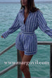 Margovil Striped Long Sleeves Curve Hem Shirt and High Rise Shorts Set