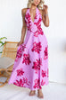 Halter V Neck Back Lace-up Floral Print Swing Maxi Dress
