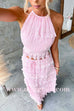Margovil Ruffle Trim Halter Open Back Crop Top and Drawstring Waist Maxi Skirt Set