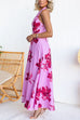 Halter V Neck Back Lace-up Floral Print Swing Maxi Dress