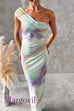 One Shoulder Watercolor Swirl Maxi Bodycon Dress