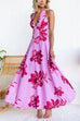 Halter V Neck Back Lace-up Floral Print Swing Maxi Dress