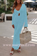Margovil V Neck Long Sleeves Backless Crochet Hollow Out Knit Maxi Dress