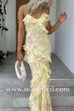 Margovil Spaghetti Strap Backless Ruffle Trim Printed Maxi Dress