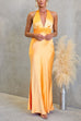 Halter V Neck Backless Ruched Waist Satin Maxi Dress