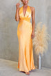 Halter V Neck Backless Ruched Waist Satin Maxi Dress