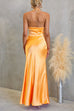 Halter V Neck Backless Ruched Waist Satin Maxi Dress