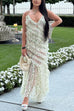 Spaghetti Strap Ruffle Trim Slit Floral Print Maxi Dress