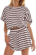 Margovil Striped Short Sleeves Crop Top and Elastic Waist Pocketed Shorts Set