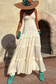 Spaghetti Strap V Neck Backless Lace-up Ruffle Tiered Maxi Dress