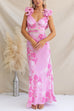 V Neck Backless Lace-up Frill Trim Floral Print Maxi Dress