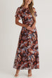 Crewneck Flare Sleeves Ruched Print Maxi Dress