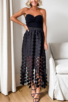 Margovil Elastic High Waist Hollow Out Boho Fringe Maxi Skirt