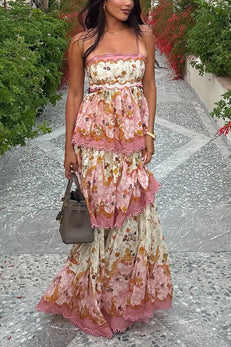 Margovil Spaghetti Strap Back Lace-up Ruffle Layered Floral Print Maxi Dress