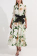 3/4 Sleeves Button Up Wild Rose Print Shirt Maxi Dress