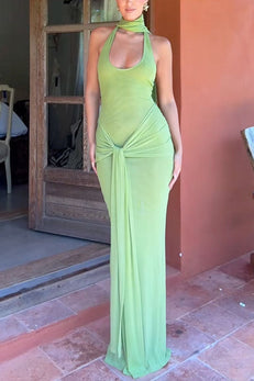 Halter Sleeveless Tie Front Back Slit Bodycon Maxi Dress