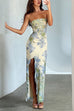 Margovil Strapless Ruffle Slit Floral Print Maxi Dress